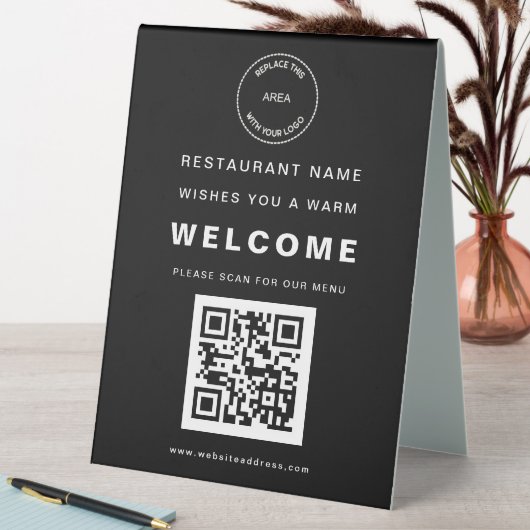 Plaque De Table Simple Restaurant Logo Menu QR Code Welcome Black (En SItu (Tableau))
