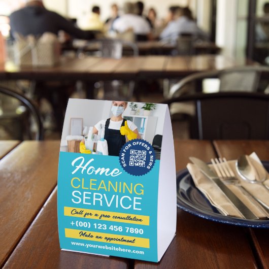 Plaque De Table Sky Blue Yellow Home Cleaning Photo & QR Code (Insitu (restaurant))