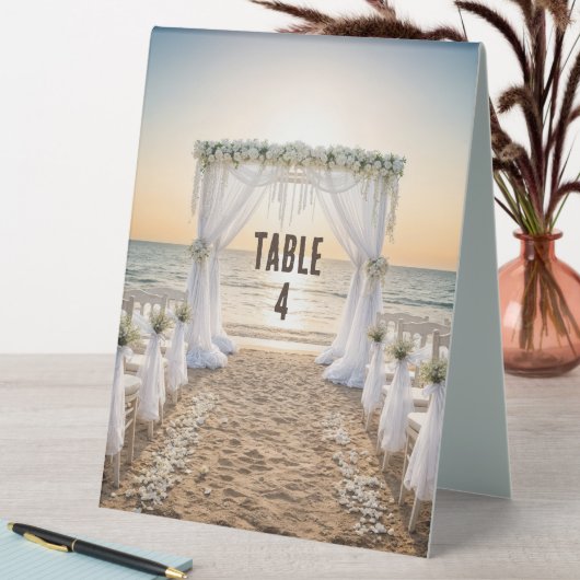 Plaque De Table Sunset Beach Wedding With Floral Arch (En SItu (Tableau))