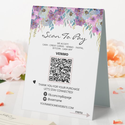 Plaque De Table *~* Table Tente PAY + MENU QR code Tablette FLORAL (In SItu (Mariage))