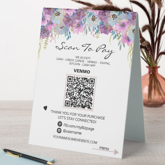 Plaque De Table *~* Table Tente PAY + MENU QR code Tablette FLORAL (En SItu (Tableau))