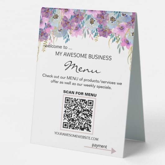 Plaque De Table *~* Table Tente PAY + MENU QR code Tablette FLORAL (Verso)
