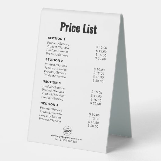 Plaque De Table Tarif personnalisé ou services Simple moderne blan (Verso)