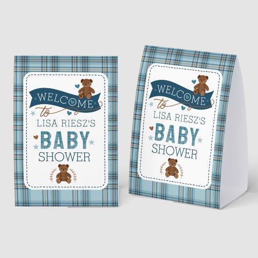 Plaque De Table Tartan Teddy Bear  Baby Boy Shower Sign (Recto/verso)