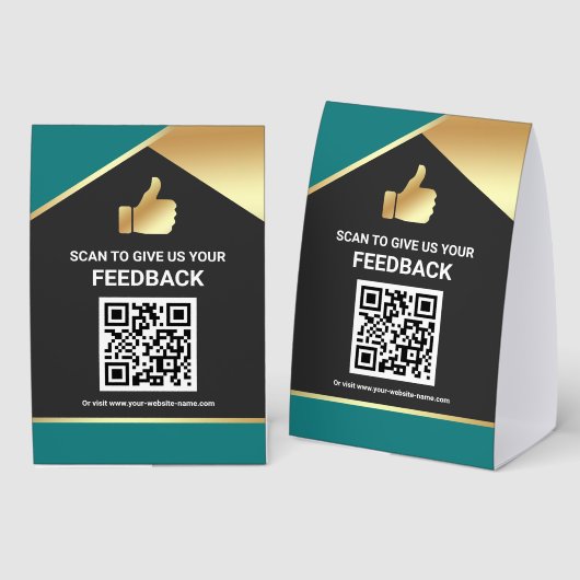 Plaque De Table Teal Gold QR Code Customer Feedback Review (Recto/verso)