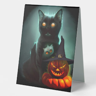 Plaque De Table Vampire Chat et Assistant Citrouille Halloween Sur