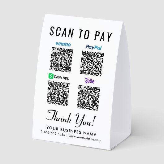 Plaque De Table Venmo CashApp PayPal Zelle QR Codes Scan To Pay (Verso)