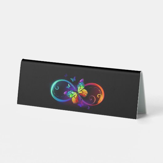 Plaque De Table Vibrant infinity with rainbow butterfly on black (Verso)