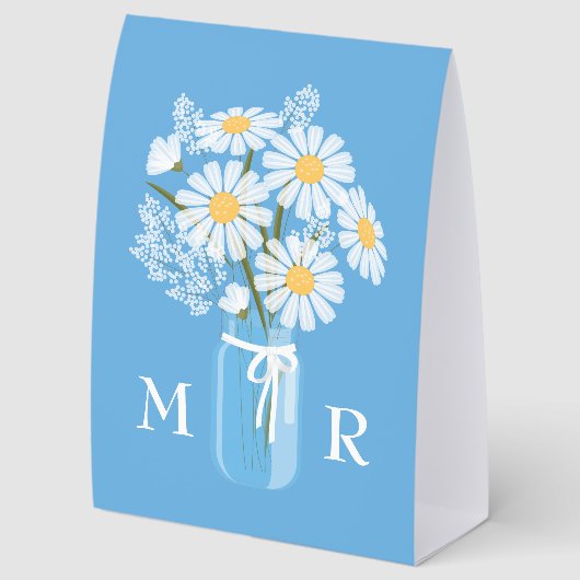 Plaque De Table Wedding Daisies Mason Jar Monogram Initial Blue (Arrière)