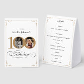 Plaque De Table White Gold Custom Photo 100th Birthday Party Menu (Recto/verso)