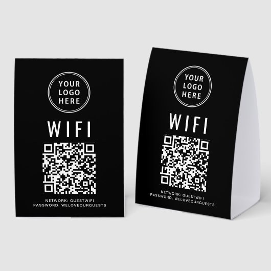 Plaque De Table WiFi QR Code Business Logo Black (Recto/verso)