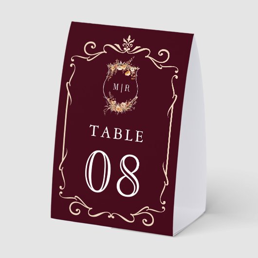 Plaque De Table Wildflower Crest Burgundy Wedding Table Number (Verso)
