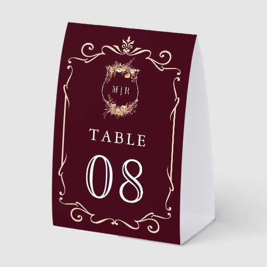 Plaque De Table Wildflower Crest Burgundy Wedding Table Number (Recto)