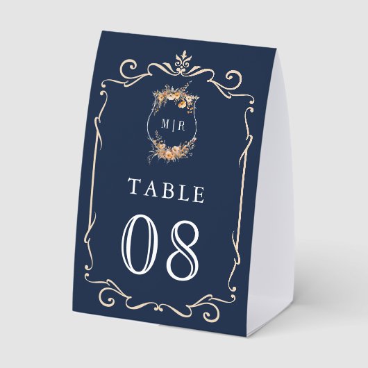 Plaque De Table Wildflower Crest Navy Blue Wedding Table Number (Verso)