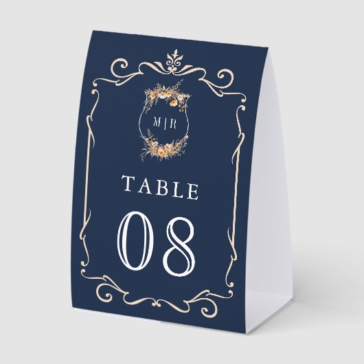 Plaque De Table Wildflower Crest Navy Blue Wedding Table Number (Recto)