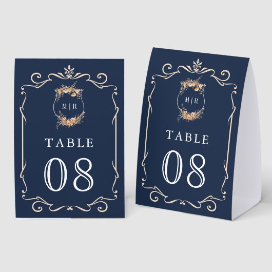 Plaque De Table Wildflower Crest Navy Blue Wedding Table Number (Recto/verso)