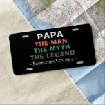 Plaque D'immatriculation Citation de Man Myth Legend Funny Papa<br><div class="desc">The Man Myth Legend Funny Papa Citation License Plate est conçu avec l'expression humoristique "Papa the man the myth the legend" suivie par "parfois grincheux" en orange,  vert et blanc en caractères gras sur arrière - plan noir.  Faites une excellente idée cadeau pour grand-père !</div>