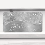 Plaque D'immatriculation Silver Glitter Glam Bling Personalized<br><div class="desc">Personnalisez facilement cette plaque d'immatriculation à motif de faux parties scintillant en métal brossé argenté et glamour avec votre propre nom personnalisé.</div>