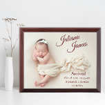 Plaque Faire-part de naissance photo pour bébé nou<br><div class="desc">Présentez l'élégante plaque de faire-part de naissance photo pour bébé, une belle et intemporelle façon de commémorer l'arrivée de votre précieux petit. Cette magnifique plaque présente une photo de haute qualité de votre nouveau-né dans des tons pastel doux, ajoutant une touche délicate à l'esthétique globale. La plaque est personnalisable avec...</div>