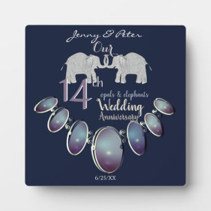 Plaque Photo 14th Wedding Anniversary Opals & Elephants Navy