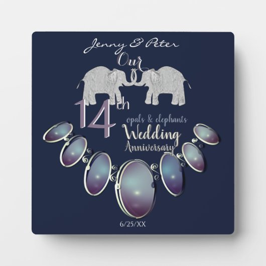 Plaque Photo 14th Wedding Anniversary Opals & Elephants Navy (Devant)