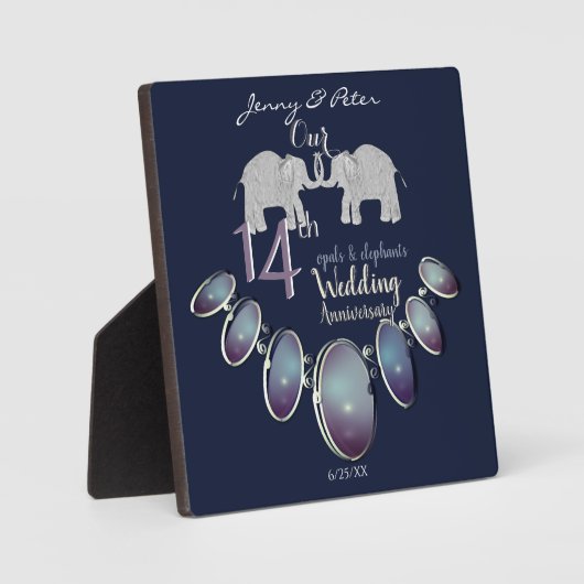 Plaque Photo 14th Wedding Anniversary Opals & Elephants Navy (Recto)