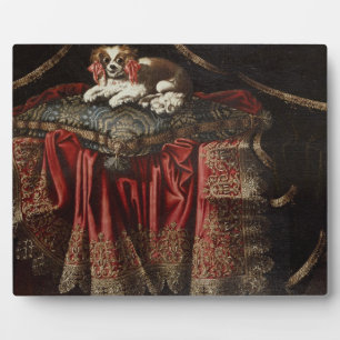 Plaque Photo A spaniel seated on embroidered cushion