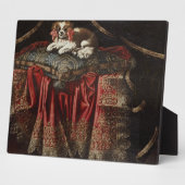 Plaque Photo A spaniel seated on embroidered cushion (Côté)