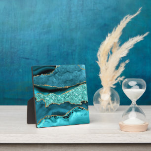 Plaque Photo Agate Turquoise Bleu Or Paillettes Marbre Aqua Tur