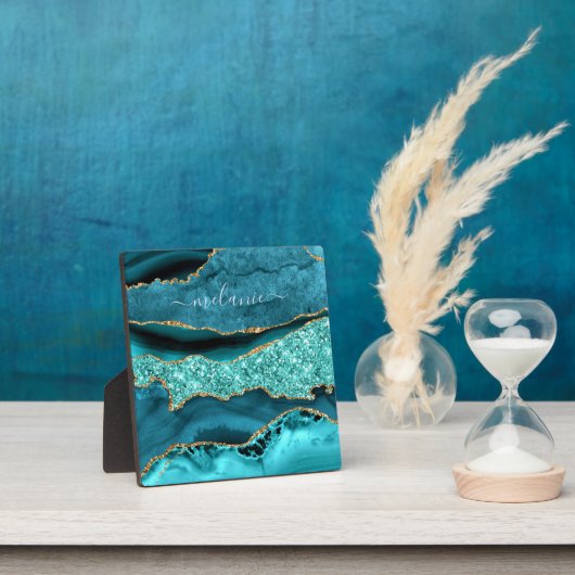 Plaque Photo Agate Turquoise Blue Gold Parties scintillant Gems (Insitu)