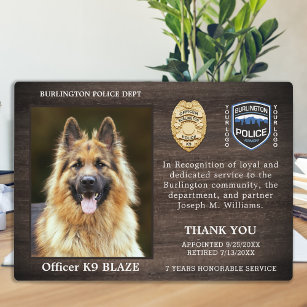Plaque Photo Agent de police de la retraite de chien Appréciati