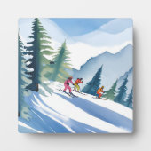Plaque Photo Allons skier | Peinture d'aquarelle d'hiver (Devant)