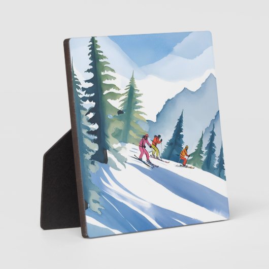 Plaque Photo Allons skier | Peinture d'aquarelle d'hiver (Recto)