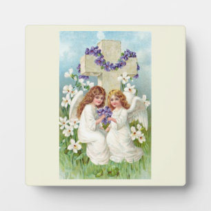 Plaque Photo Anges Mignons Avec Croix Et Fleurs
