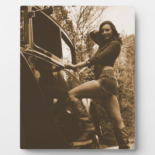 Plaque Photo Antique voiture et fille (Devant)