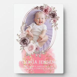 Plaque Photo Aquarelle Florale Or Rose Cute Bébé Statistiques d