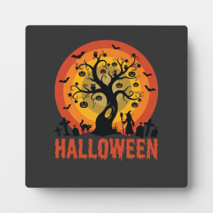 Plaque Photo Arbre ensorcelé Halloween Sorcière et chats noirs