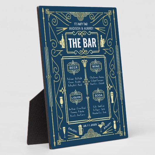 Plaque Photo Art Déco Mariage Gold Blue Open Bar Party Menu (Côté)