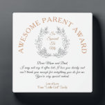 Plaque Photo Awesome Parent Award Typographie Votre Message Cad<br><div class="desc">Vos parents seront gâtés en morceaux pour recevoir cela avec de beaux sentiments pour leur faire sentir vraiment spécial. L'en-tête principal Awesome Parent Award tourne autour d'un motif feuilleté qui contient quelques mots de votre choix, puis suit votre propre message spécial et votre nom. Tout le texte est facilement personnalisé....</div>