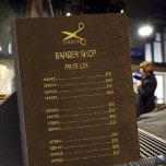 Plaque Photo Barber shop brun look service menu<br><div class="desc">Plaque de modèle de luxe exclusif pour un salon de coiffure barbier avec faux script or sur un arrière - plan en cuir marron foncé. Veuillez noter que la texture du cuir est IMPRIMÉE.</div>