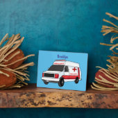 Plaque Photo Belle ambulance rouge caricature van (Côté)
