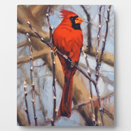 Plaque Photo Belle Cardinal Rouge Oiseau dans un Arbre Dénudé (Devant)
