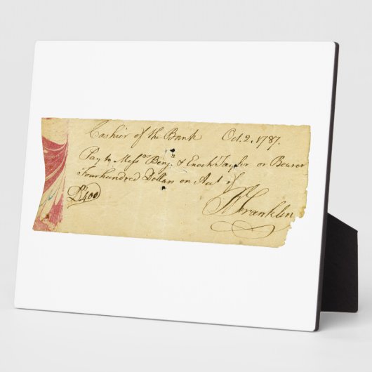 Plaque Photo Benjamin Franklin Signed Check 2 octobre 1787 (Côté)
