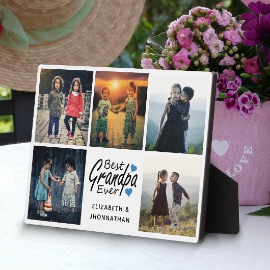 Plaque Photo Best Grandpa Ever Script Blue Heart Photo Collage