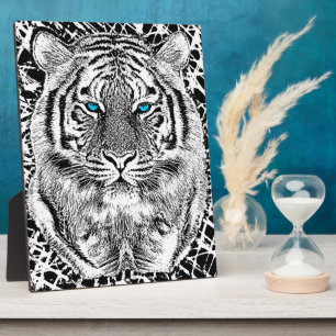 Plaque Photo Black and White Blue Eyes sauvage Tiger visage