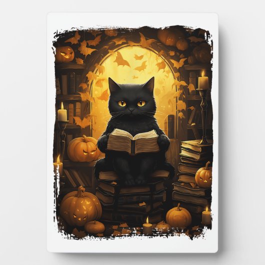 Plaque Photo Black Cat Lecture Livres Citrouille Automne Enseig (Devant)