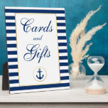 Plaque Photo Bleu Nautique Grilles Or Cartes de Mariage Cadeaux<br><div class="desc">Bleu Nautique Grilles Or Cartes de mariage Cadeaux Table Plaque</div>