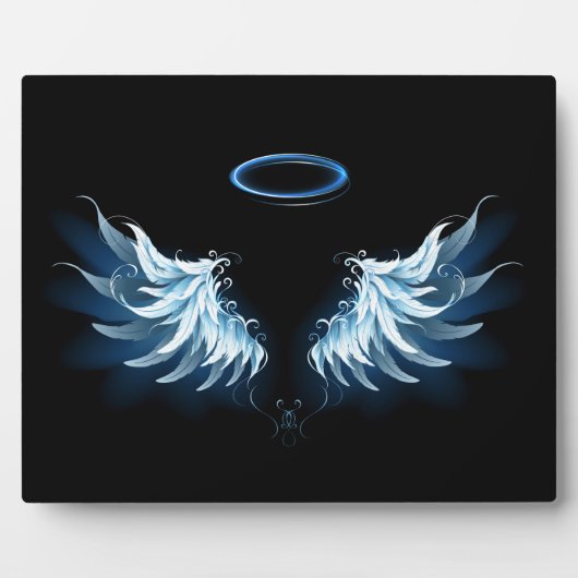 Plaque Photo Blue Glowing Angel Wings on black background (Devant)