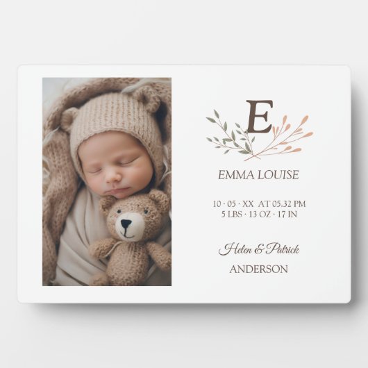 Plaque Photo Boho Floral Initial Bébé Nouveau-né (Devant)