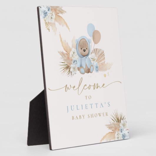 Plaque Photo Boho Teddy Bear Baby shower Garçon Bleu Ours Bienv (Côté)